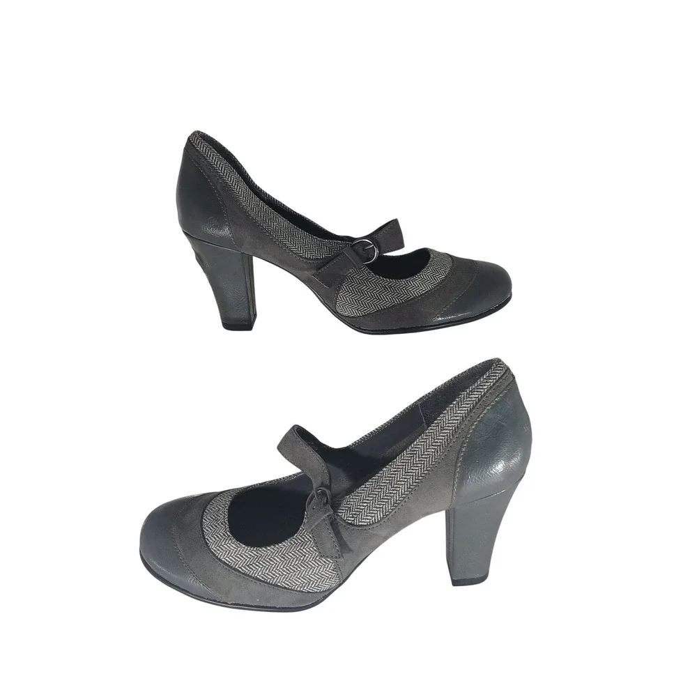 Aerosoles Roller‎ Rink Mary Jane Heels 8.5 Grey Herringbone Dark Academia Pump